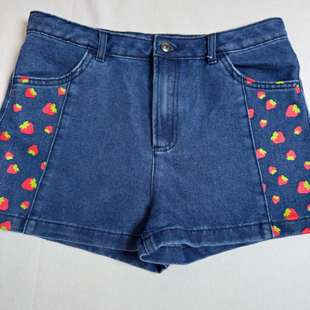 Strawberry Shortcake Girls Blue Denim Shorts Strawberry Print Kids Size XL 14/16